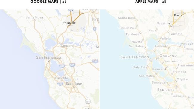 Apple Maps shows more roads than Google Maps. Picture: Justin OâBeirne
